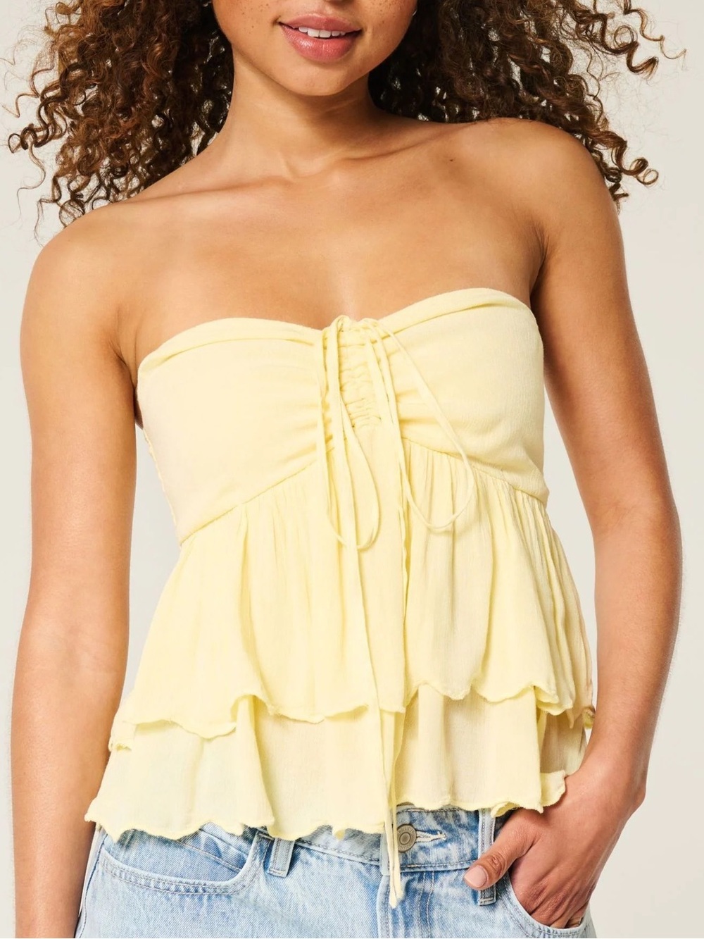 Summer- Hollister Pale Yellow Strapless Ruffle Tie Front Crop Top